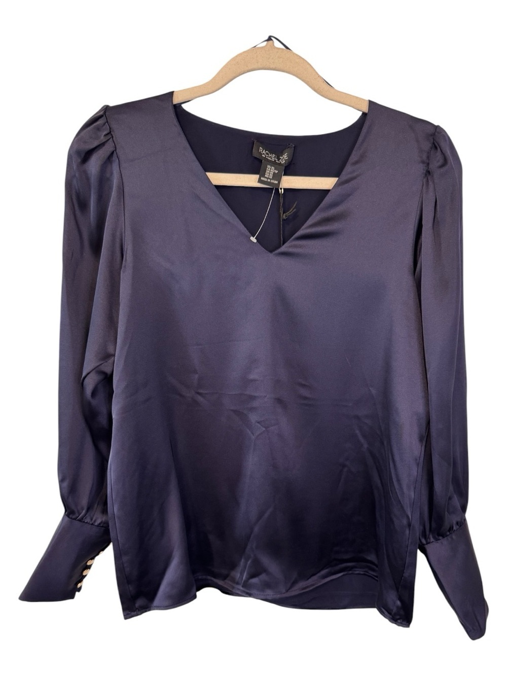 Rachel Zoe Midnight VNeck Long Sleeve Blouse Sz XS Detail Cuff Sleeve SEE FLAW